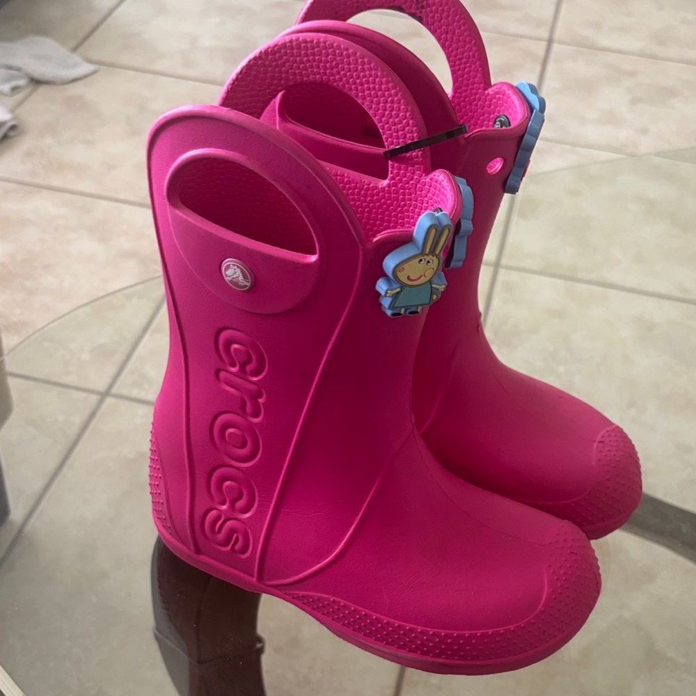 CROCS Hot Pink Kids Rain Boots with Bunny Charm